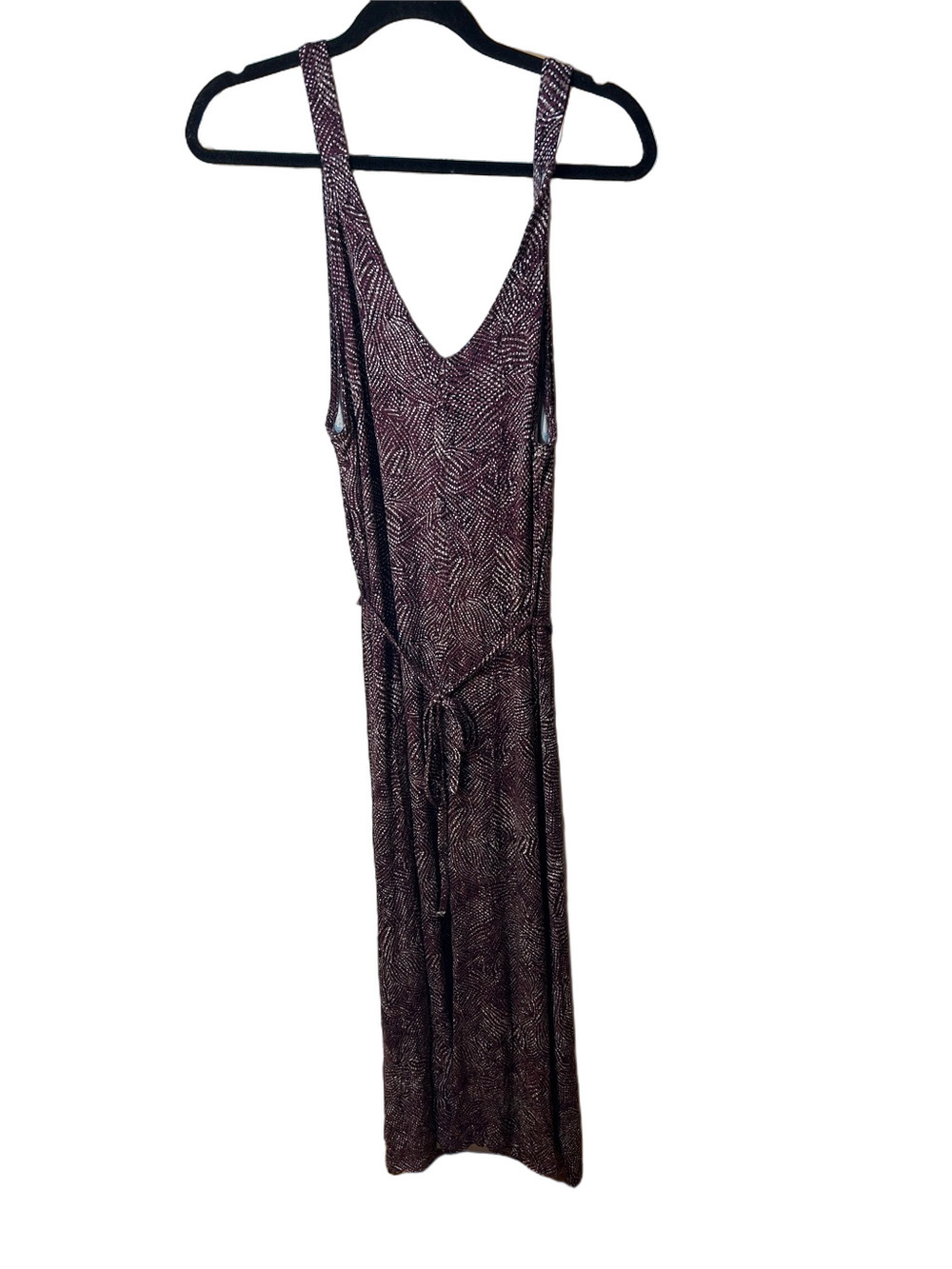 Pennington’s V-Neck Sleeveless Maxi Dress in Burgundy Print w Self-Tie Waist 1X